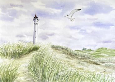 Watercolor DIN A5 picture watercolor print Denmark Lighthouse Lyngvig Fyr in the dunes
